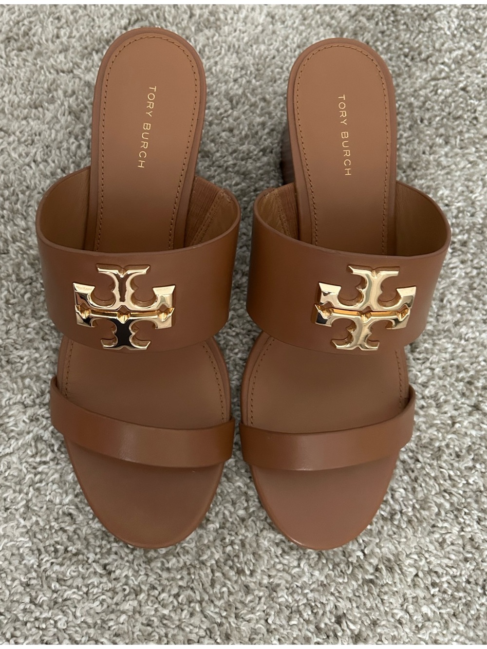 New TORY BURCH Everly Sandal Wedge Slide In Royal Tan/Brass Size 9M (no box)